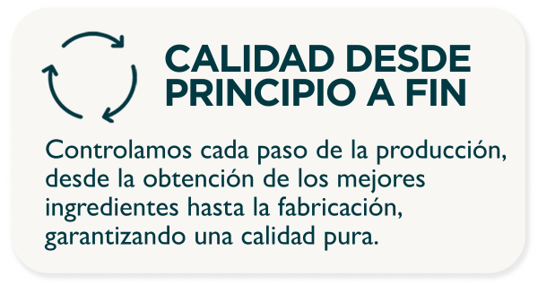 CALIDAD DESDE PRINCIPIO A FIN. Controlamos cada paso de la producción, desde la obtención de los mejores ingredientes hasta la fabricación, garantizando una calidad pura.